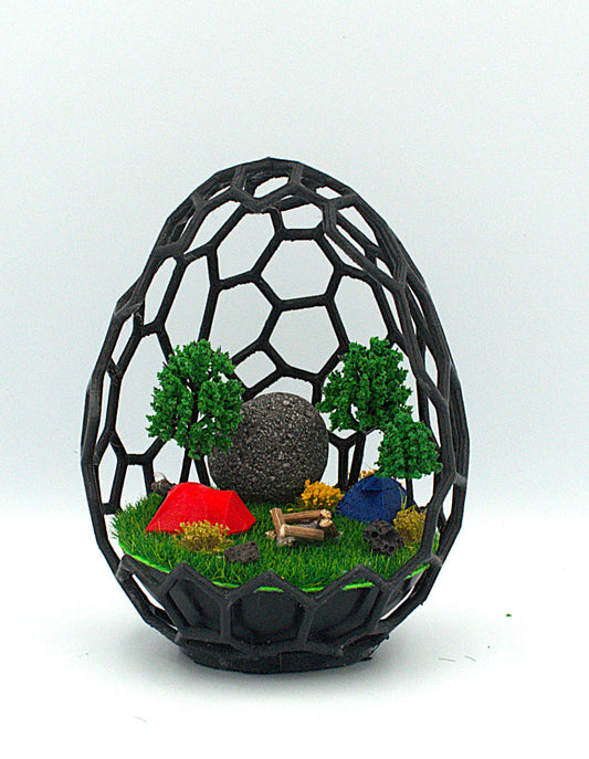 Miniature Camping Diorama in Geometric Egg – Unique Nature-Inspired Decor