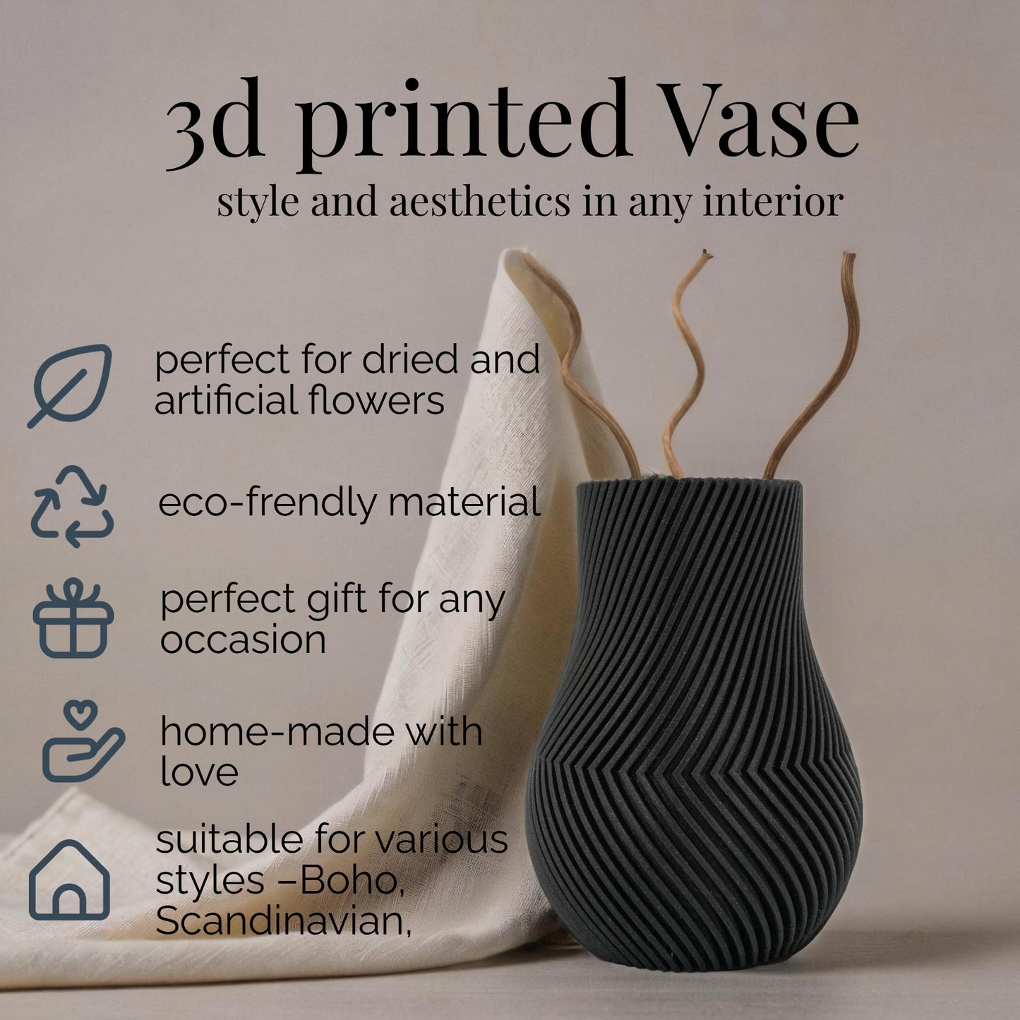 Textured Black Vase – Modern Minimalist Home Deco