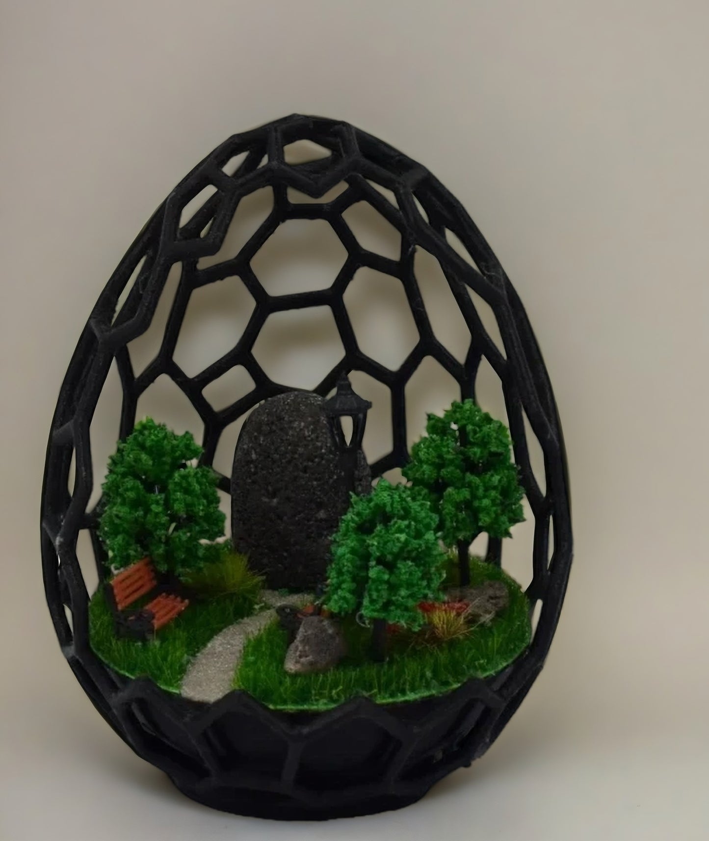 Miniature Park Diorama in Geometric Egg – A Tranquil Nature Scene