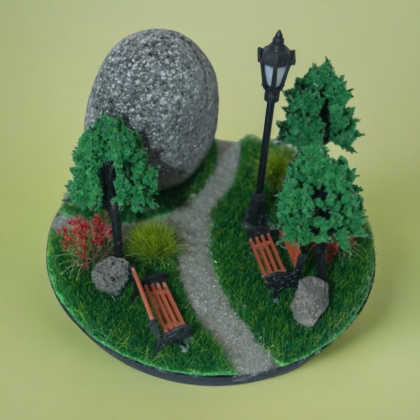 Miniature Park Diorama in Geometric Egg – A Tranquil Nature Scene