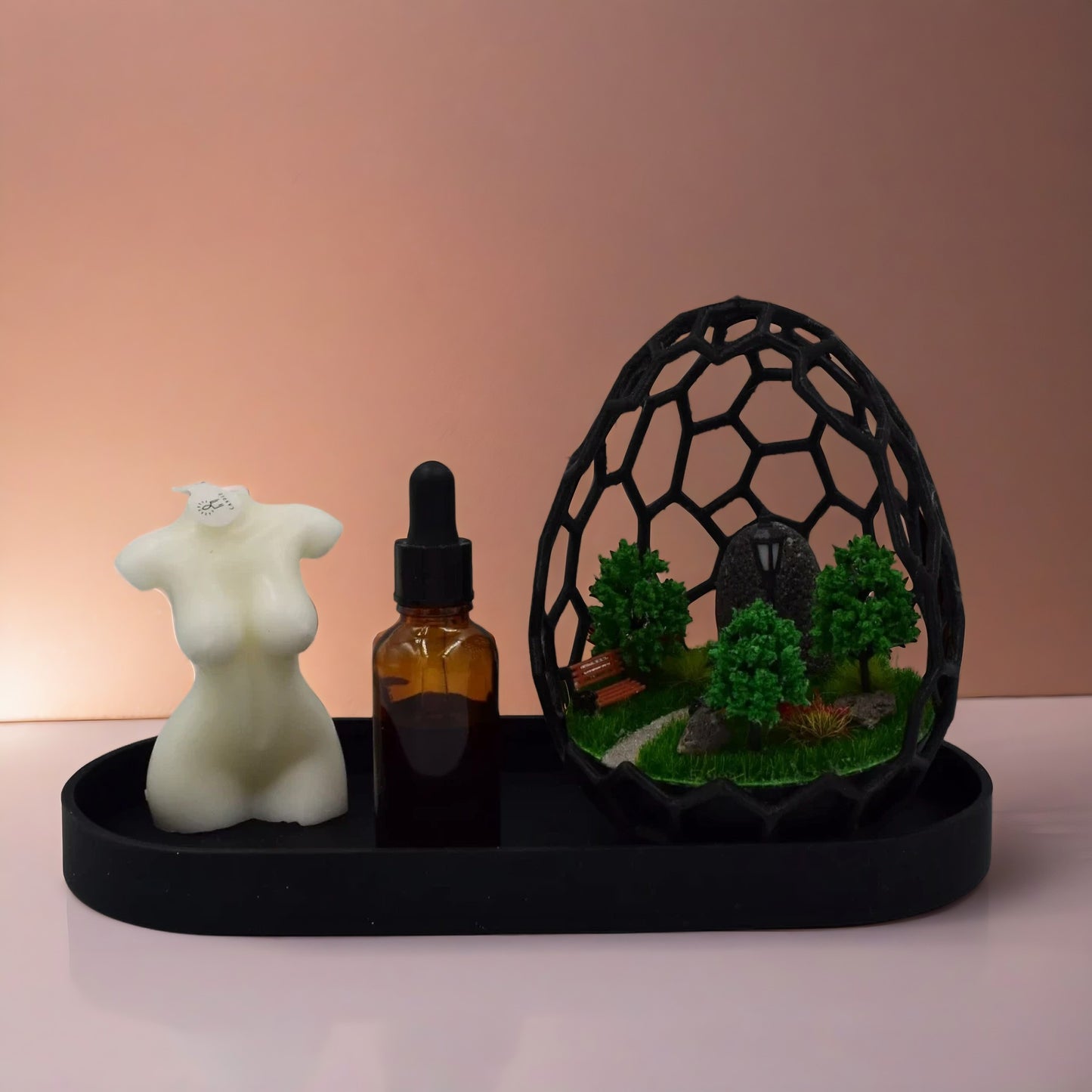 Miniature Park Diorama in Geometric Egg – A Tranquil Nature Scene