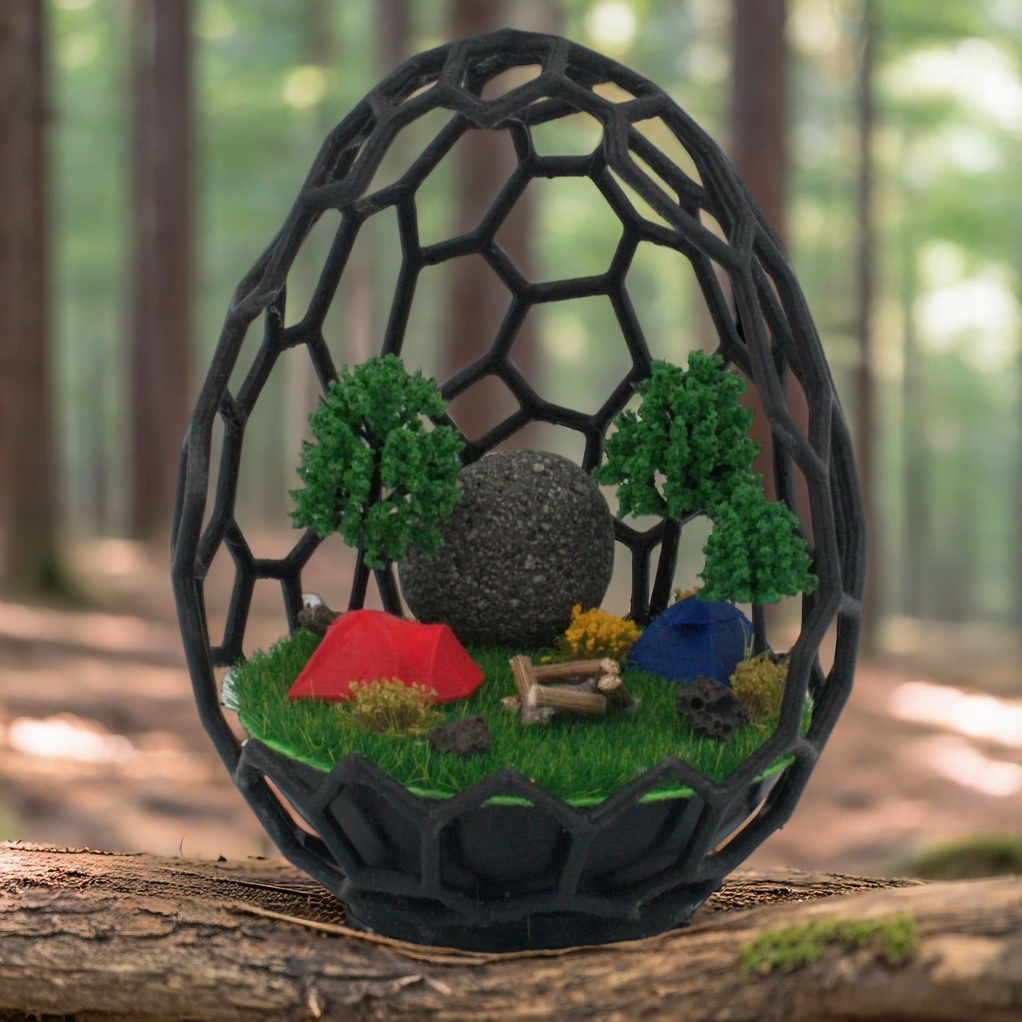 Miniature Camping Diorama in Geometric Egg – Unique Nature-Inspired Decor